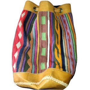 Tribal Ethnic Wool Leather Bucket Drawstring Boho Hippie Bag Rasta Backpack